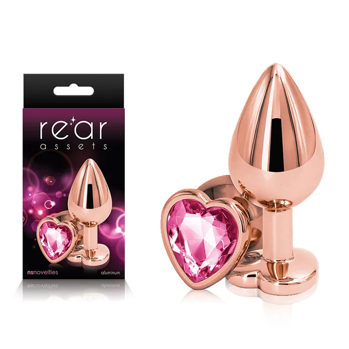 Rear Assets Rose Gold Heart Medium Rose Gold Medium Metal Butt Plug with Pink Heart Gem Base NS Novelties Anal