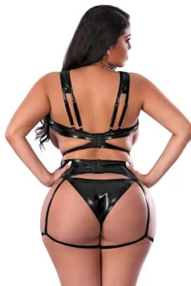 Anal Magic Silk Lingerie Liquid Onyx Cut Out Bra Panty and Stirrup Garters Set Black 2XL