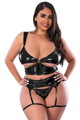 Anal Magic Silk Lingerie Liquid Onyx Cut Out Bra Panty and Stirrup Garters Set Black 2XL