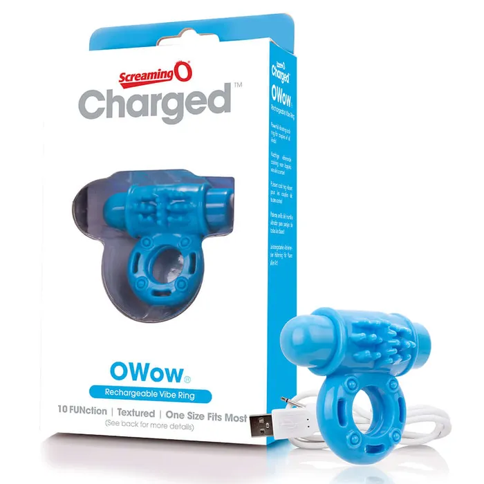 Screaming O Couples Screaming O Charged O Wow Ring Blue Rechargeable 10Function Vibrating Cock Ring LowPitch Vooom Technology Waterproof Fits Most Sizes