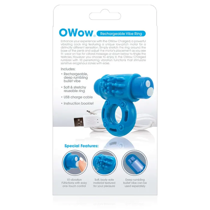 Screaming O Couples Screaming O Charged O Wow Ring Blue Rechargeable 10Function Vibrating Cock Ring LowPitch Vooom Technology Waterproof Fits Most Sizes
