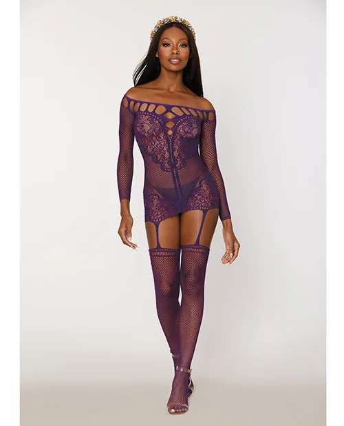 Dreamgirl International Vibrators Scalloped Lace and Fishnet Garter Dress wAttached Stockings Purple OS Dreamgirl International Vibrators Scalloped Lace and Fishnet Garter Dress wAttached Stockings Purple OS