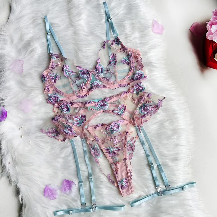 honeysx Anal Embroidery Floral Lace Transparent Bra Thong Garter Lingerie Set