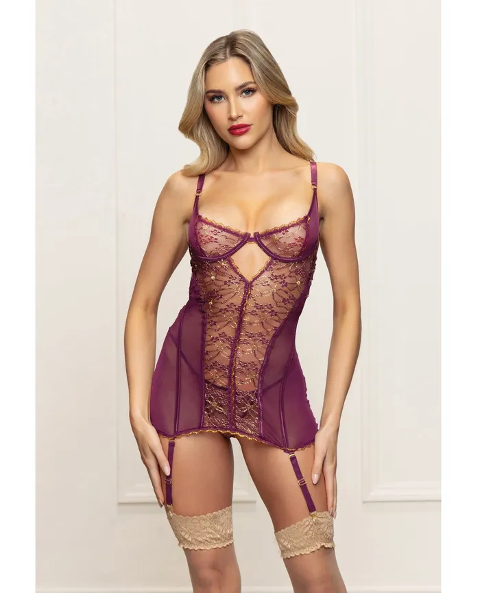 Metallic Lace with Mesh Gartered Chemise Thong Plum Seven til Midnight Female Sex Toys Metallic Lace with Mesh Gartered Chemise Thong Plum Seven til Midnight Female Sex Toys