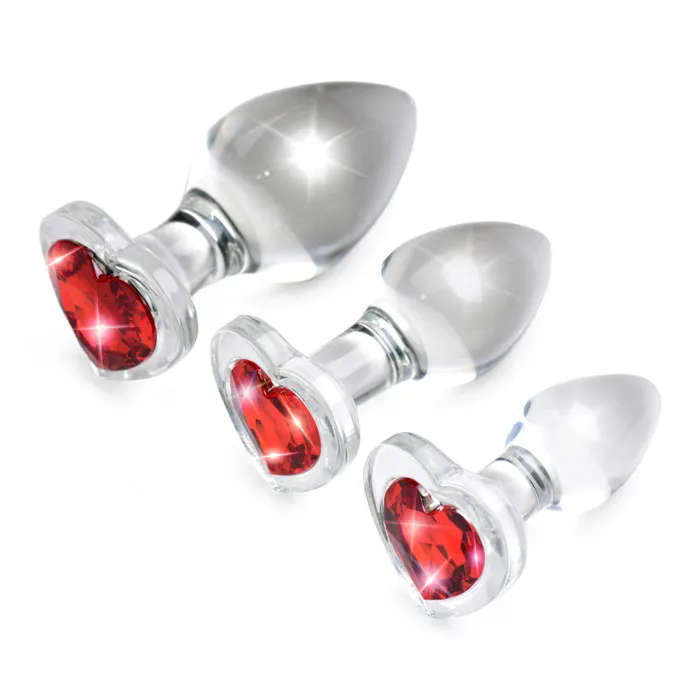 Xr Brands Booty Sparks Anal Red Heart Gem Glass Anal Plug Set