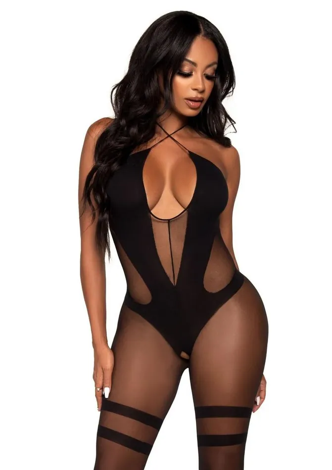 Bodystockings Playsuits Leg Avenue Leg Avenue Opaque and Sheer Keyhole Twist Halter Bodystocking