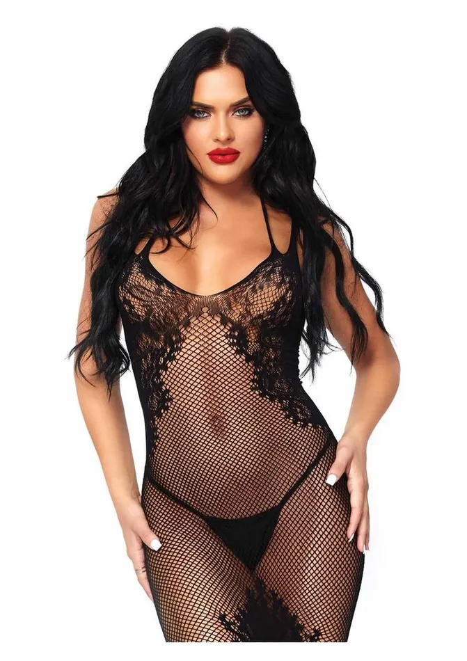 Couples Leg Avenue Leg Avenue Seamless Net and Lace Dual Strap Halter Dress with Faux Lace Up Back Couples Leg Avenue Leg Avenue Seamless Net and Lace Dual Strap Halter Dress with Faux Lace Up Back